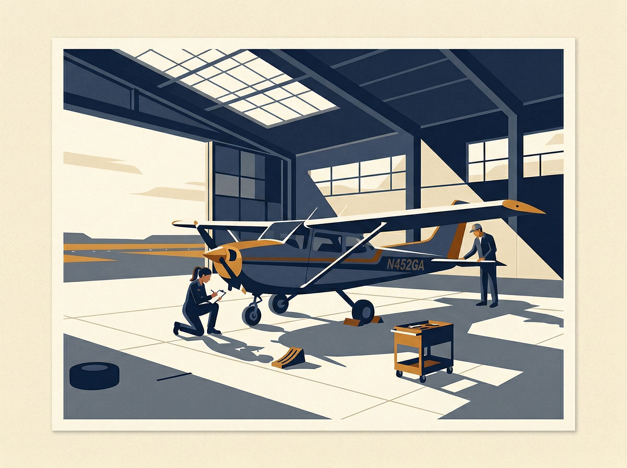 Illustration of a general aviation plane being inspected in a hangar