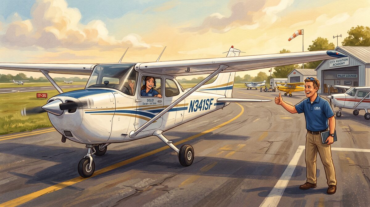 Student pilot in cockpit during first solo flight