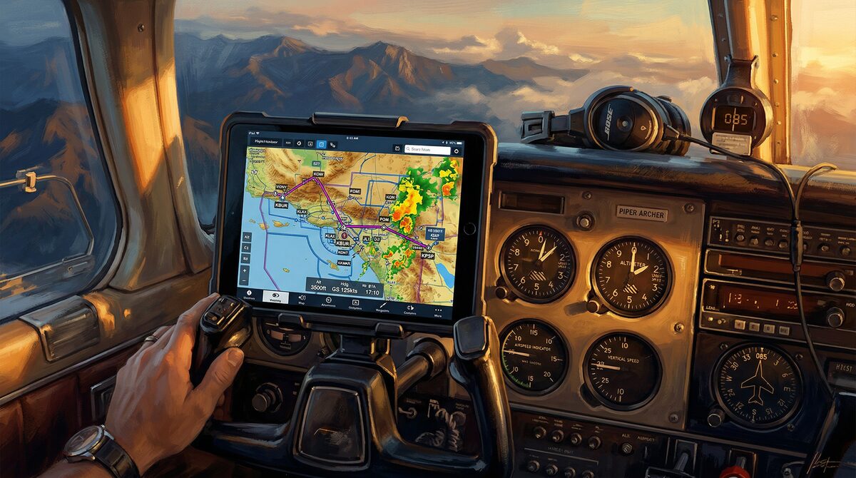 iPad mounted on cockpit yoke bracket showing ForeFlight flight planning map with weather overlays