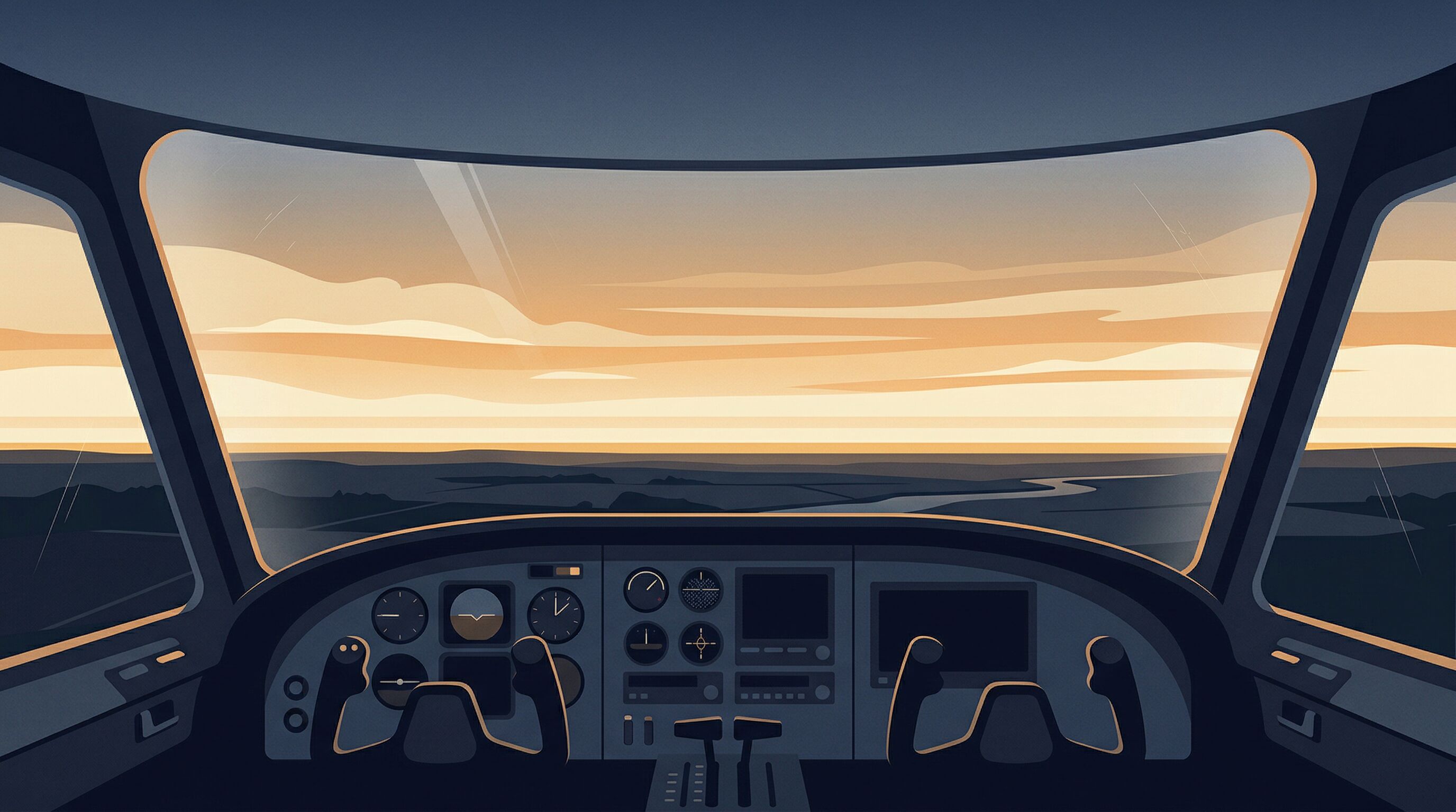 Cockpit view illustration during golden hour flight